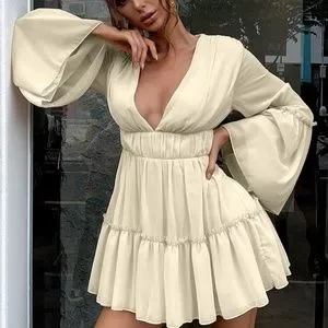 open lace back dress Missord Plunge Neck Frill Ruffle Hem Chiffon Dress, M1453650, White, XS:  Buy Online at Best Price in UAE main image 1